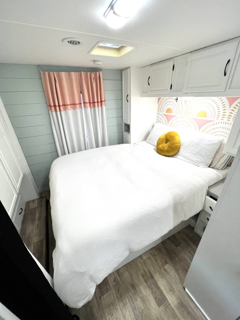 renovated rv bedroom blue and white